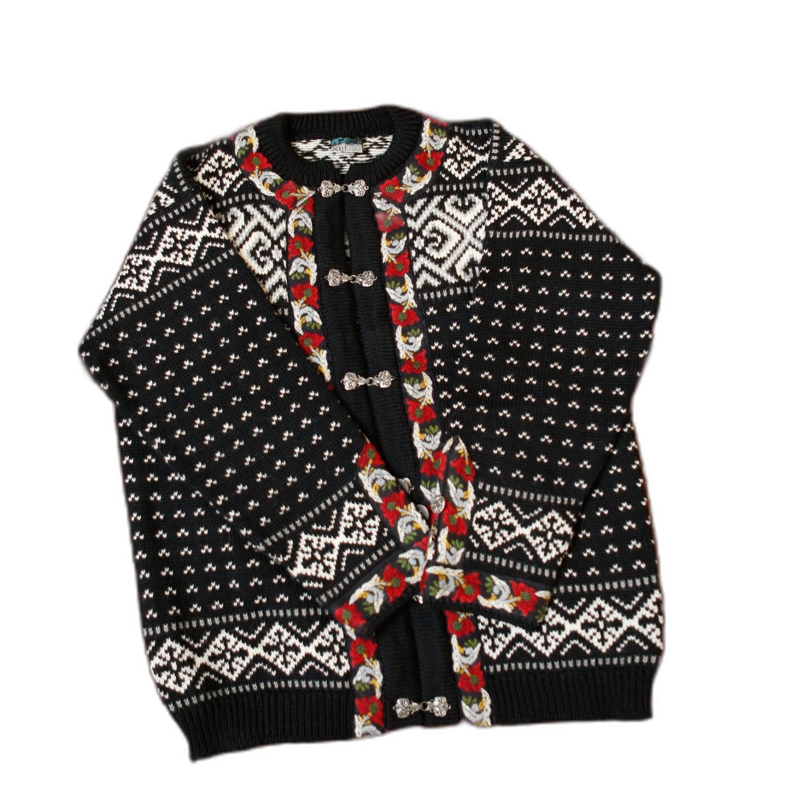 Vintage Dale Of Norway Wool Nordic Cardigan 52 Black Floral Made In Norway)